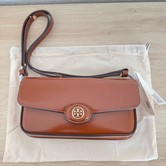 ☀️NEW☀️Tory Burch E/W Robinson Spazzolato Shoulder Bag Brown - Picture 14 of 16